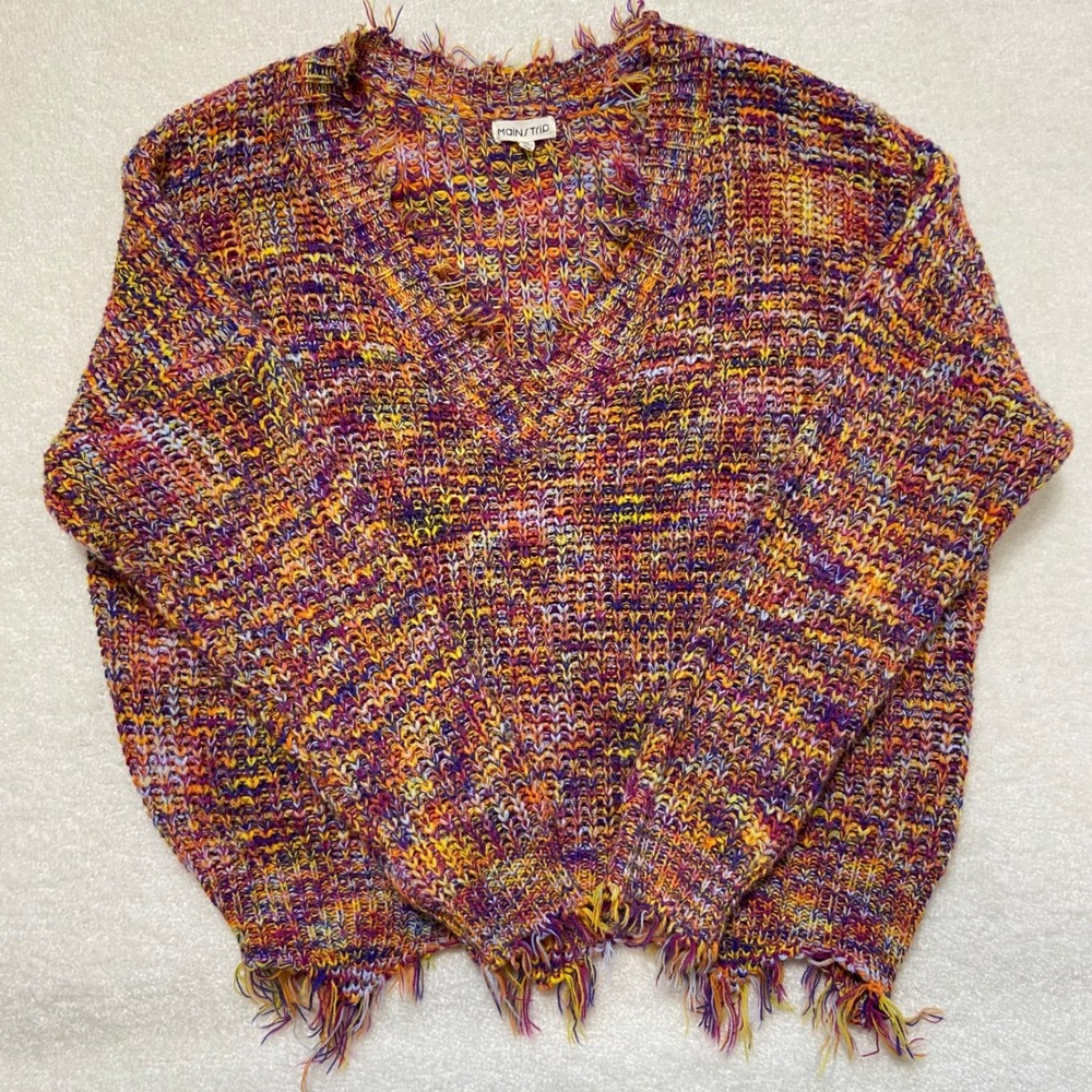 Mainstrip Multi Color Space Dye Distressed Frayed V-Neck Crop Sweater Large